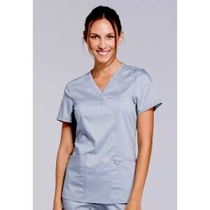 Cherokee Workwear Revolution Gray-Blue Mock Wrap V-Neck Patch Pockets Scrub Top